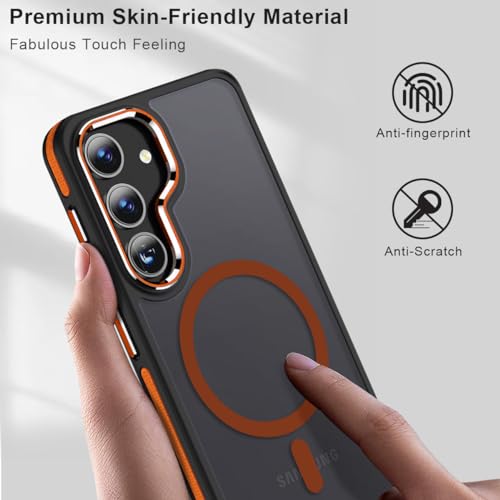 Image of MALEWOLF Magnetic for Samsung Galaxy S25 Case, Translucent Matte Texture S25 Cover [Compatible with Mag Accessories] [S Pen Friendly], Anti-Slip Drop Protection Galaxy S25 Phone Case (Black /Orange)