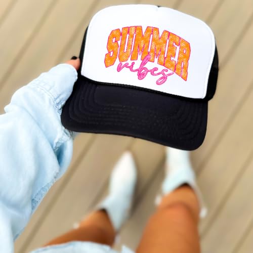 Image of Summer Vibes Graphic Adjustable Cap Women and Teens Classic 5 Panel Mesh Snap Back Trucker Hat