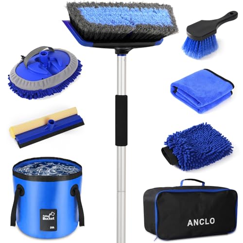 ANCLO 62 Car Wash Brush with Long Handle Scratch-Free Car Wash Mop Kit with Car Wash Bucket Wheel Tire Brush Wash Mitt Towel Windshield Squeegee Car Cleaning Brush Kit for Cars RV Truck Boat
