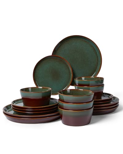 Image of Pokini Ceramic Plates and Bowls Sets for 6, 18pcs Dinnerware Sets, Dish Set | Reactive Glaze Stoneware Dishes Set, Microwave & Dishwasher Safe, Scratch Resistant, Easy Cleaning Dishware sets, Brown Green