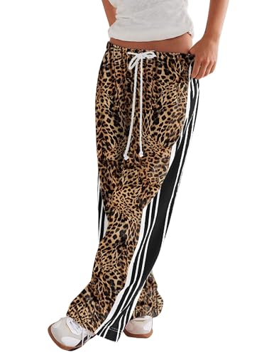 Casual Crayon Striped Pants for Women Drawstring Elastic High Waist Lounge Pant Color Block Baggy Wide Leg Sweatpants Leopard Brown