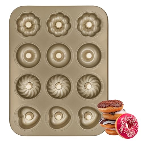 Mu Mianhua Doughnut Molds Baking Tins Nonstick Doughnuts Baking Pans Carbon Steel 12-Cavity Donut Baking Pan 4 Shapes Design Baking Tray for Cake Biscuit Bagel Muffin