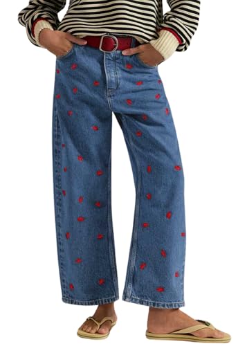 chouyatou Women's 2025 Crab Print Baggy Wide Leg Jeans Boyfriend Y2K Casual Floral Denim Ankle Pants