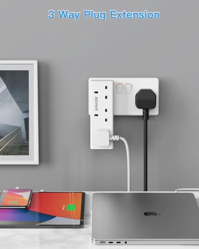 3 Way Plug Adapter, ANVODE Vertical Plug Extension, Wall Socket Power Extender Adaptor for Home, Office, Kitchen, White - Image 3