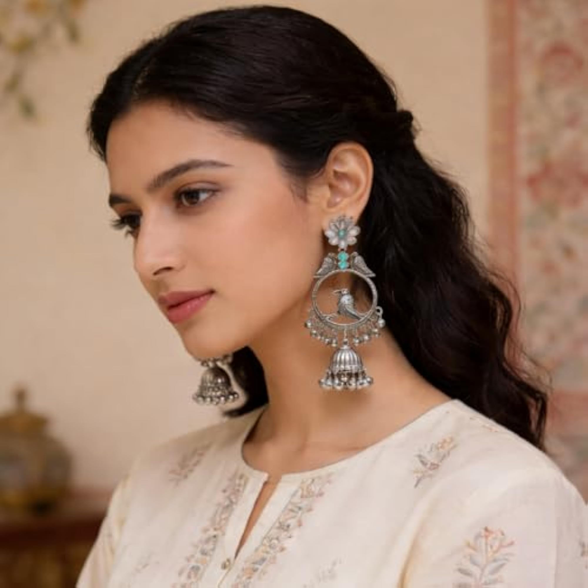 Women's Traditional Bird Motif Oxidized Jhumka Earrings