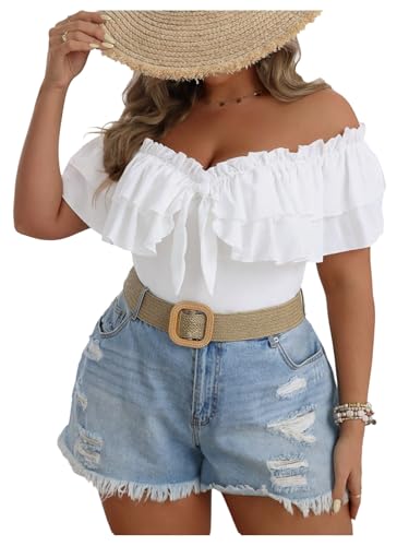 GORGLITTER Women's Plus Size Off Shoulder Top Ruffle Bow Front T Shirts Trendy Fashion 2025