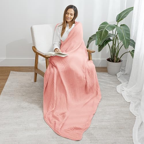 Image of Comfy Cubs Muslin Throw Blanket - 50 inch x 60 inch Quilted Design - Lightweight, Breathable 6-Layer Gauze Fabric - Soft Cotton Blanket for Home or Travel - Packaged in Elegant Gift Box - Bold Blush