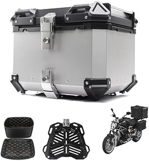 Aluminum Motorbike Tail Box Trunk Waterproof Scooter Rear Top Box, Top Case for Store Helmet Large Luggage, 36L 45L 55L 65L with Security Lock(Silver,45L)