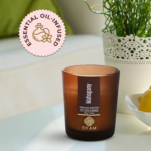 Image of EKAM Scented Frost Glass Votive Candle| Mahogany Scented| Luxury Fragrances| Ideal for Home Decor, Aromatherapy & Gifting| Soy Wax| Therapeutic| Smokeless| Sootless| 10 Hours Burn time |40 g
