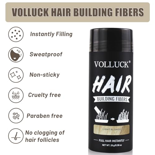 VOLLUCK Hair Fibers for Thinning Hair, Instant Coverage Hair Building Fibers for Women and men, Natural Hair Powder for Conceal Hair Loss 28 g (Light Blonde)
