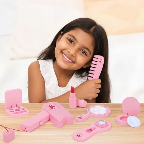 Image of Wudly Wooden Makeup Play Set - Pretend Beauty Kit for Kids with Mirror, Brush & Accessories - Ideal for Imaginative Role Play and Skill Development