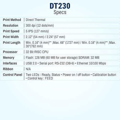 Image of McAuley Labels GoDEX DT230 Direct Thermal Label Printer - Small Barcode & Ingredient Labels Printer - 2 inch (58 mm), 300 DPI High-Resolution, USB /Serial /Ethernet