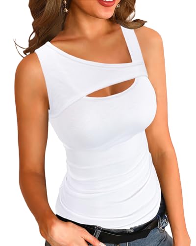 Basicspace Womens Fashion Summer Tank Tops One Piece Cutout Tshirts Sleeveless Ribbed Slim Fitted Shirts Tee