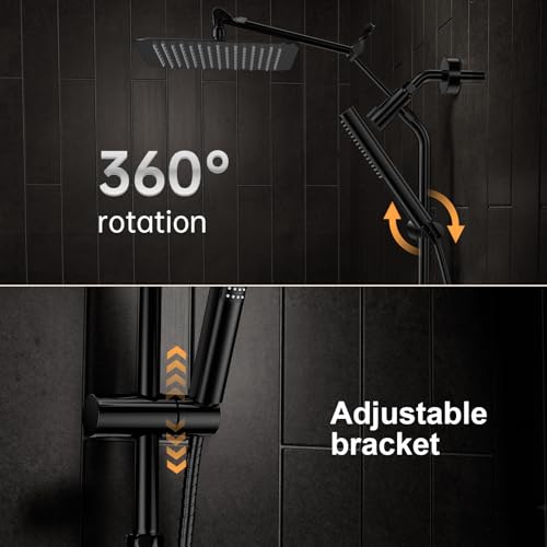 Image of Veken 10 inch Luxurious All Metal Rain Shower Head with Handheld Spray Combo, High Pressure Rainfall Square Shower Heads with Extension Arm, Wide Dual Showerhead, Bathroom Accessories, Matte Black