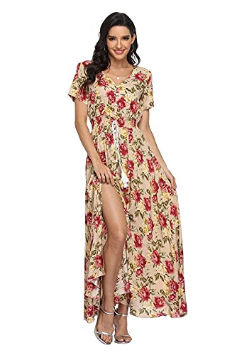 Image of VintageClothing Women's Floral Maxi Dresses Boho Button Up Split Summer Casual Long Dress Beach Party Dress