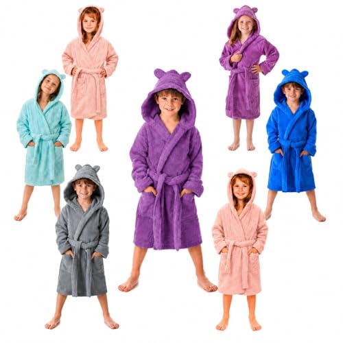 DHESTIA HOME Albornoz Niños y Niñas Unisex - Infantil Capucha con Orejas y Bolsillos - 100% Algodón OEKO-TEX Color MORADO Talla 6_years
