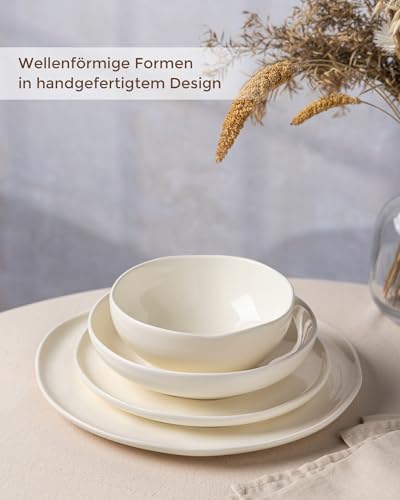 GBhome Steingut Geschirrset 6 Personen, 24-tlg Reaktive Glasur Handarbeit Geschirr Set, Mikrowellen- & Spülmaschinenfest Schüssel- und Teller Set, Gesprenkeltes Beige