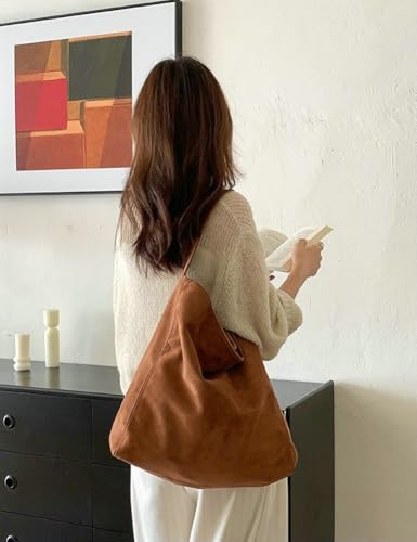 Women's Suede Hobo Tote Bag Casual Shoulder Slouchy Bag Stylish Handbag Fall Winter Large Pocket Bag Magnetic Closure4