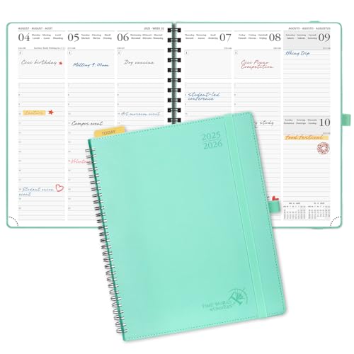 POPRUN Academic Diary 2025-2026 Week to View Large (26.5x21.5 cm) Soft Cover Spiral 17 Months (Aug'25 - Dec'26) Mid Year Diary 25/26 Vertical Weekly Planner (Mint Green)