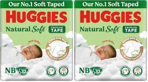 Image of Huggies Natural Soft Premium Tape Diapers Newborn /Extra Small (NB /XS) Size, Upto 5 kgs, 32 Count | Our No.1 Soft Taped Diaper with Cloud Soft Bed, designed for Newborns with Runny Poo Absorption