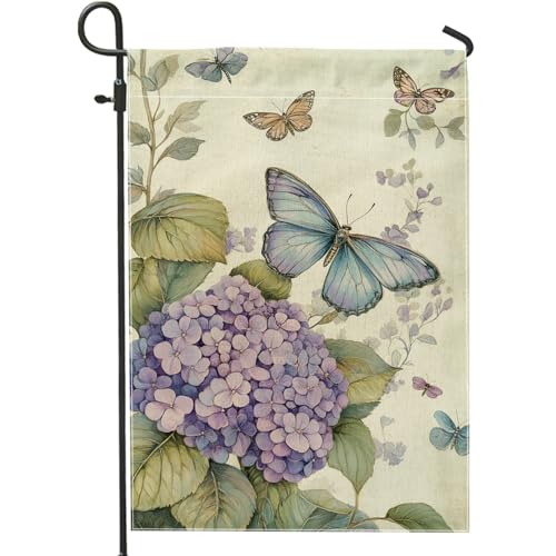 Bandera de jardín de mariposa de hortensias violetas de primavera y verano, pancarta decorativa de arpillera de doble cara para decoración del hogar y césped al aire libre, decoración de jardín floral