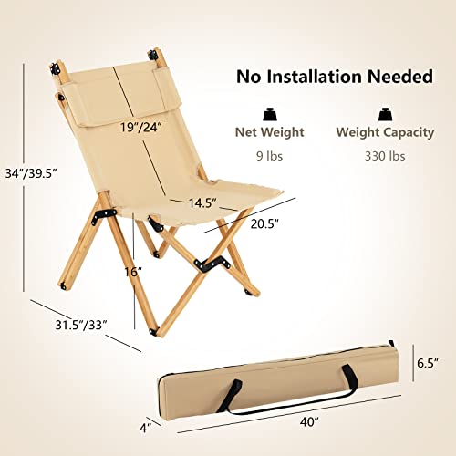 Happygrill 2Pcs Folding Camping Chair, Bamboo Wood Beach Chair With Breathable Canvas, 2-Level Adjustable Backrest, Portable Folding Chair With Carrying Bag For Fishing Camping Beach #TOP2
