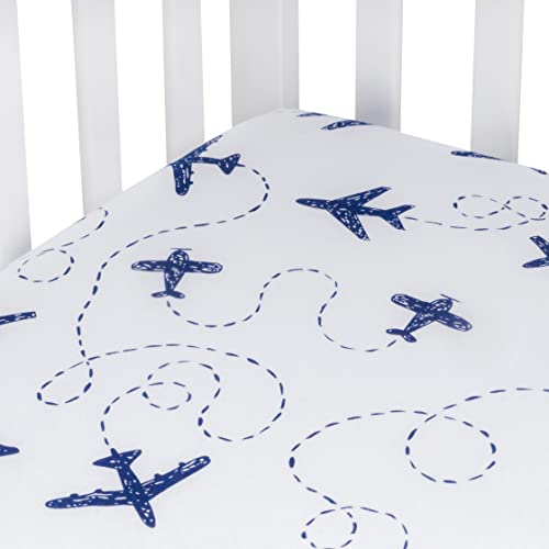 Image of Andi Mae Crib Sheet - Blue Airplanes - 100% Jersey Cotton - Fits Standard Crib or Toddler Mattresses
