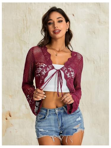 Image of OYOANGLE Women's Crochet Tie Front Sweater Cardigans Bell Sleeve Knitted Cropped Bolero Shrug Cardigan