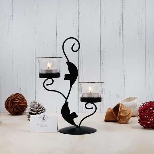 Image of Hosley Clear Glass Tealight Candle Holders|Black Tealight Candle Holders with Glass Holders Perfect for Home Decor, Birthday, Wedding, Parties,Tabletop,Centerpiece| 2-Cup Centrepiece, with Pack of 2 Tealights