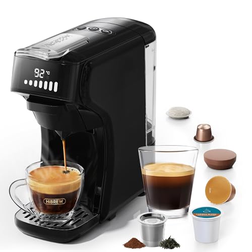 HIBREW H1B Cafetera 6-en-1, Máquina de Café Cápsulas 20 Bar, Compatible con Kcup*/Ns*/DG*/Café Molido, Modos Caliente/Frío con Indicador LED, Ahorro Energético y Protección Anti-sequía (Negro)