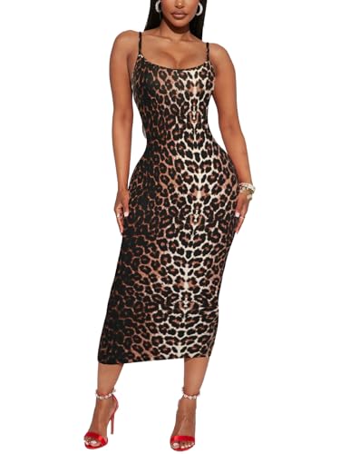 Image of Women's Midi Bodycon Tight Dress - Spaghetti Strap Summer Casual Leopard Cheeath Print Club Party Long Fitted Slip Dresses