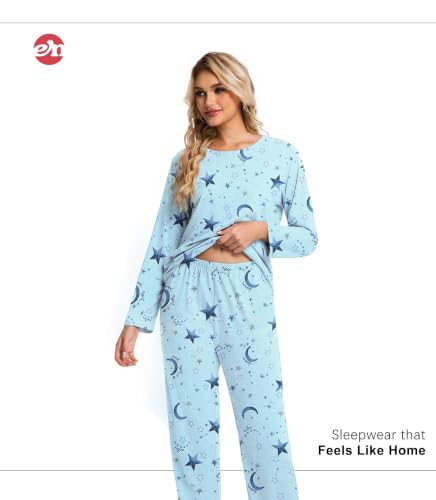 Image of ENJOYNIGHT Womens Pajama Set Cotton Pjs Long Sleeve Sleepwear with Pockets | Two Piece Crew Neck Sleep Set, Elastic Waist Long Pant, Lightweight Loungewear