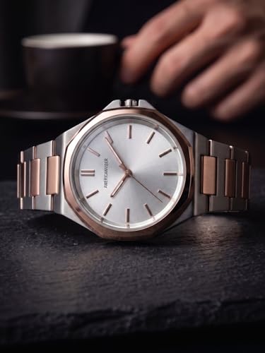 Image of AMERICANVIBER Modern Analog Watch, Silver and Black Two-Tone Stainless Steel Band, Octagonal Case, White Dial for Men