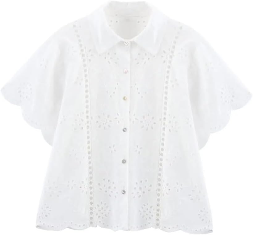 Women's Hollow Embroidery Short-Sleeved Single-Breasted Shirt