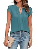 Blooming Jelly Womens Blouses Dressy Causal V Neck Pintuck Short Petal Sleeve Business Tops 2025 Ladies Summer Trendy Shirt (Medium, Teal)