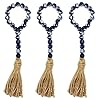 CVHOMEDECO Wood Bead Garland with Tassels 3 PCS Farmhouse Rustic Wooden Prayer Beads String Wall Hanging Accent for Home Festival Decoration Navy Blue Stained