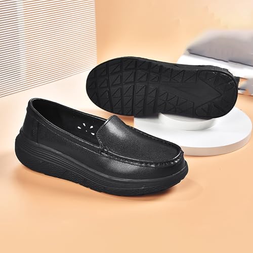 Image of Women's Platform Orthopedic Nurse Working Shoes,Comfortable Breathable Slip On Anti-Slip Nursing Restaurant Work Leather Walking Loafers