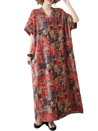 Image of Plus Size Summer Dress Printed V Neck Casual Loose Long Dresses with Pockets