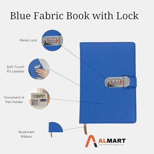 Image of Diary with Lock, A5 Personal Notebook with 3-Digit Combination Lock, PU Leather Journal for Women & Men | Secret Writing Notebook for Girls, Boys, Office & School and Gifts (22 X 15 CM) (Fabric Blue)