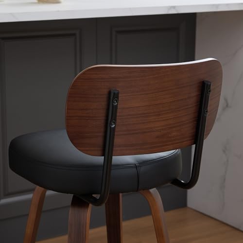 Image of YaFiti Swivel Bar Stools Set of 4, 26 inch Upholstered Faux Leather Counter Height Barstools with Walnut Back & Bentwood Legs, Mid Century Modern Bar Chairs Island Stools for Kitchen Counter, Black PU