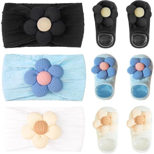 CÉLLOT Baby Girl Headband and Socks, Non-Slip Floral Socks and Soft Floral Nylon Hairbands for Babies Infants and Toddlers(White,Blue,Black)