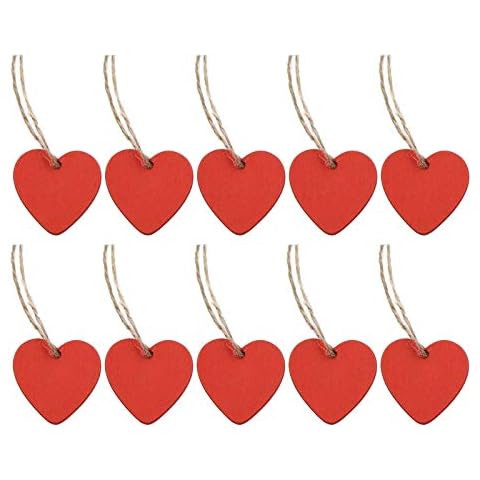 Creaides 30pcs Mini Heart Wood DIY Crafts Cutouts Wooden Red Heart Shaped Hanging Ornaments with Hole Hemp Ropes Wood Tags for Wedding Valentine's Day Happy Mother's Day Party Decorations Cover