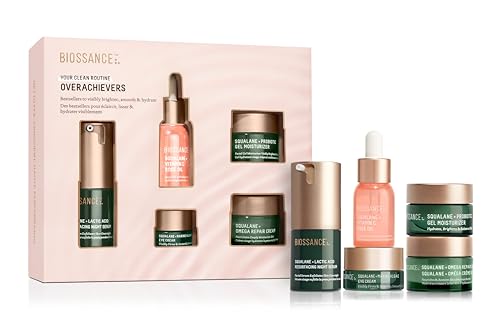 Biossance Overachievers Set. Squalane + Lactic Acid Resurfacing Night Serum Bundle with Travel Size Best Sellers to Hydrate, Exfoliate and Smooth Fine Lines (5 items)_updated