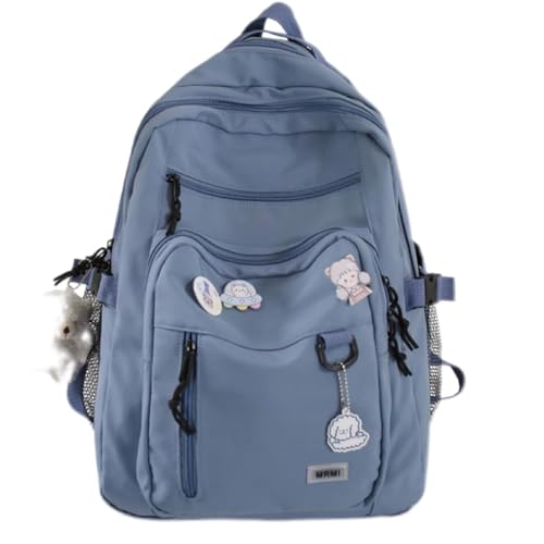 Kawaii Japanese Aesthetic Cute School Kids Backpack, Preppy Korean Large Capacity Fashion with Kawaii Bear Pendant Pins Schoolbag (Blue)