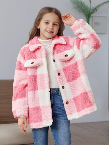 Girls Plaid Coat Long Sleeve Button Warm Fall Winter Jacket Fashion Pink Coats Outerwear for 8-12Y3
