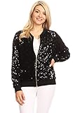 Anna-Kaci Womens Sequin Long Sleeve Front Zip Jacket With Ribbed Cuffs Bomber for Party Birthday Christmas Eve, Black Diamond, Large