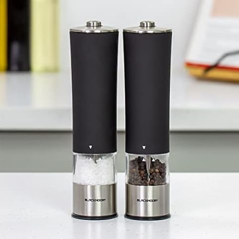 Blackmoor 68009 Electric Salt and Pepper Grinder Set / Automatic Operation / Adjustable Coarseness / Modern & Stylish Black Colour & Stainless Steel Design / Built-in Light / Battery Operated Cover