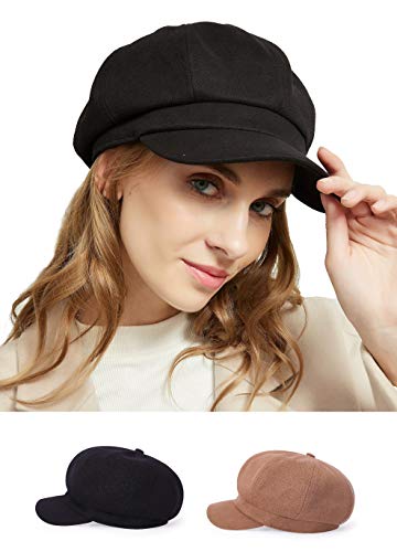 TOPHOPE 8 Panels Newsboy Caps for Women Cotton Wool Blended Cabbie Hat Gatsby Ivy Beret with Visor (2 Pack (Black+Camel))
