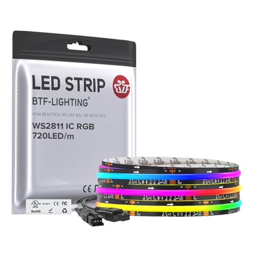 BTF-LIGHTING WS2811 Smart IC RGB FCOB COB LED Strip UL Listed 720LEDs/m High Density Color Chasing Uniform Light DC12V 9.8FT 12mm Width Black PCB for Home Party DIY Decor(No Adapter or Controller)
