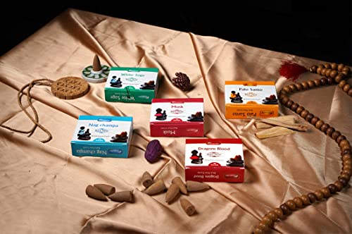Image of Aromatika Natural Backflow Incense Cones, 5 Packs 5 Fragrances 50 Pcs, (Nag Champa, Dragons Blood, White Sage, Palo Santo, Musk) | Pack 'A'